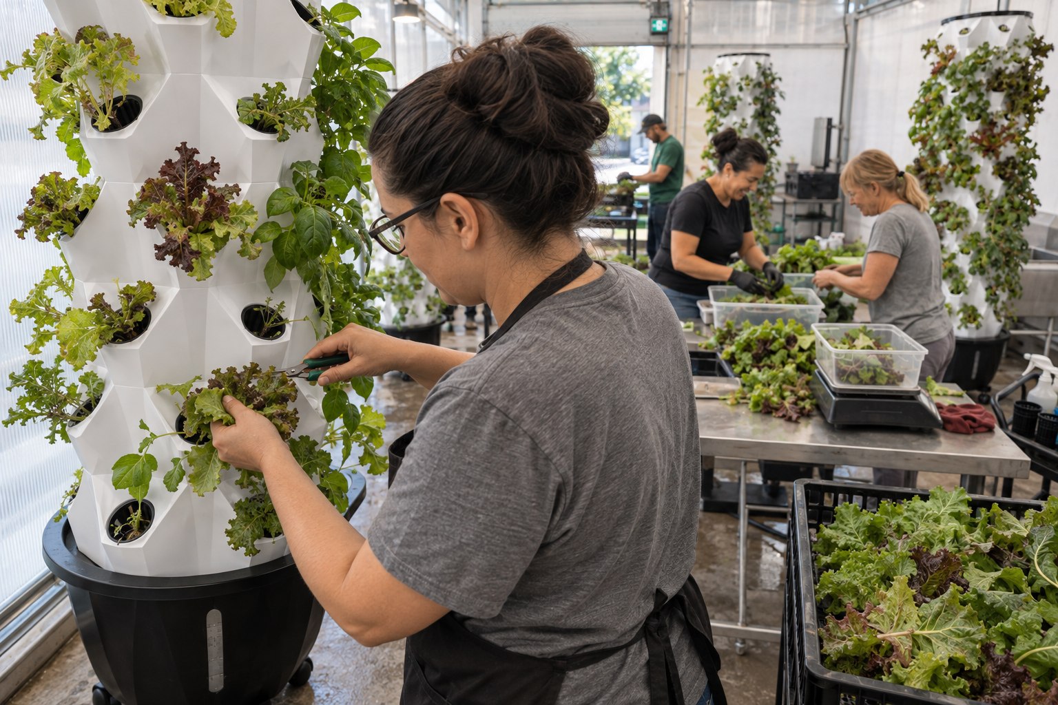 A woman in an apron harvests loose-leaf lettuce from a white Pro Tower Garden beside a shared greenhouse packing table.