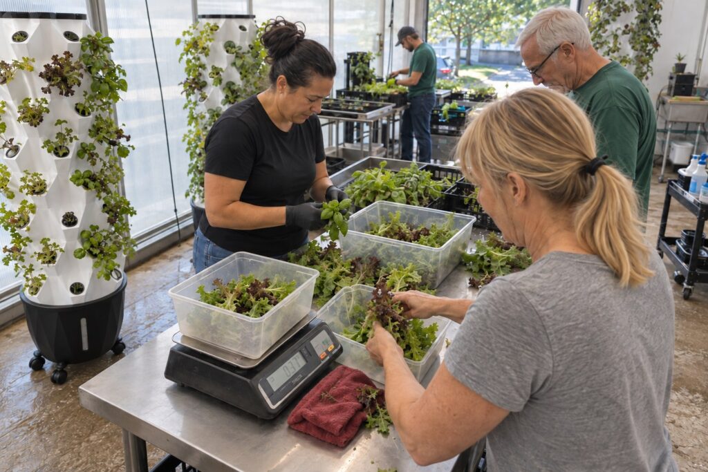 Two women sort leafy greens into clear containers at a greenhouse table, with Pro Tower Gardens beside the working area.