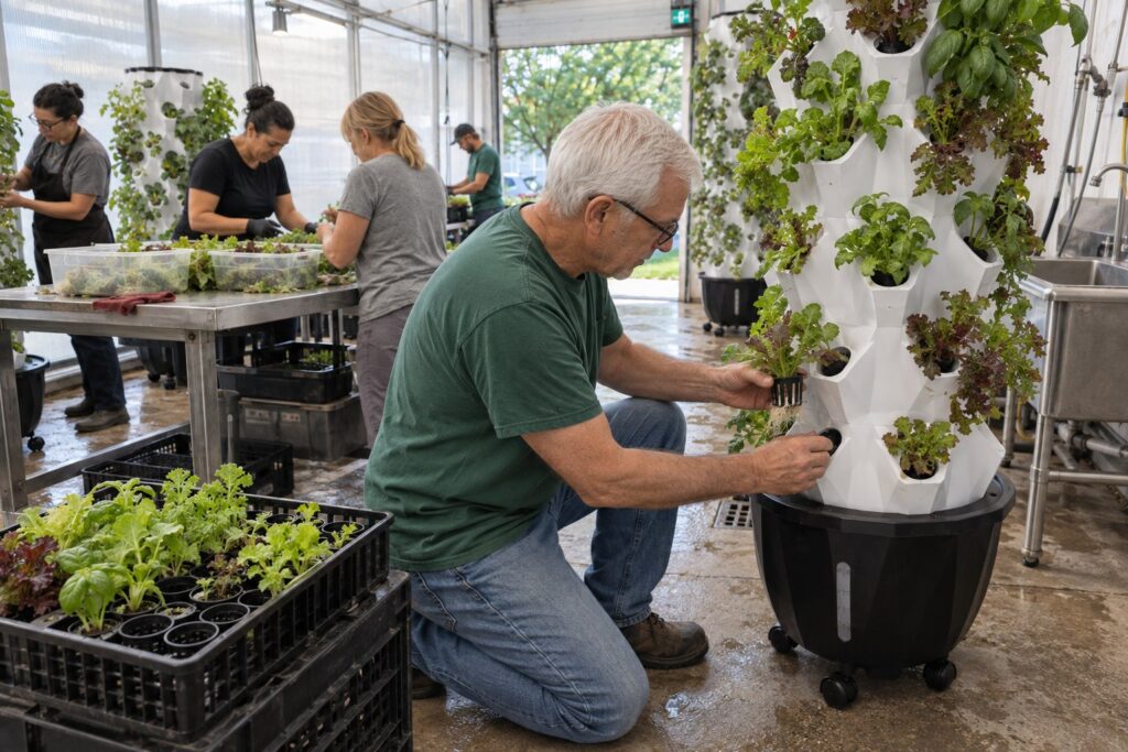 A kneeling man guides a lettuce seedling toward a lower Pro Tower Garden pocket while other growers sort greens behind him.
