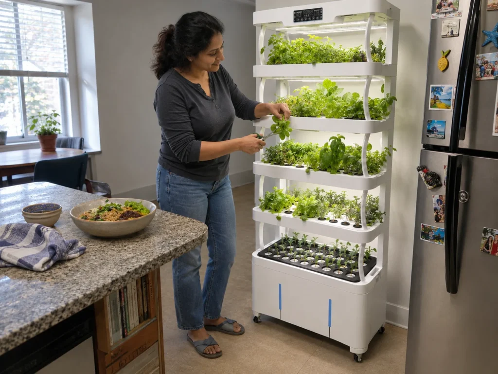 A woman clips leafy greens beside a white NutraTower, with a prepared meal on the kitchen counter.
