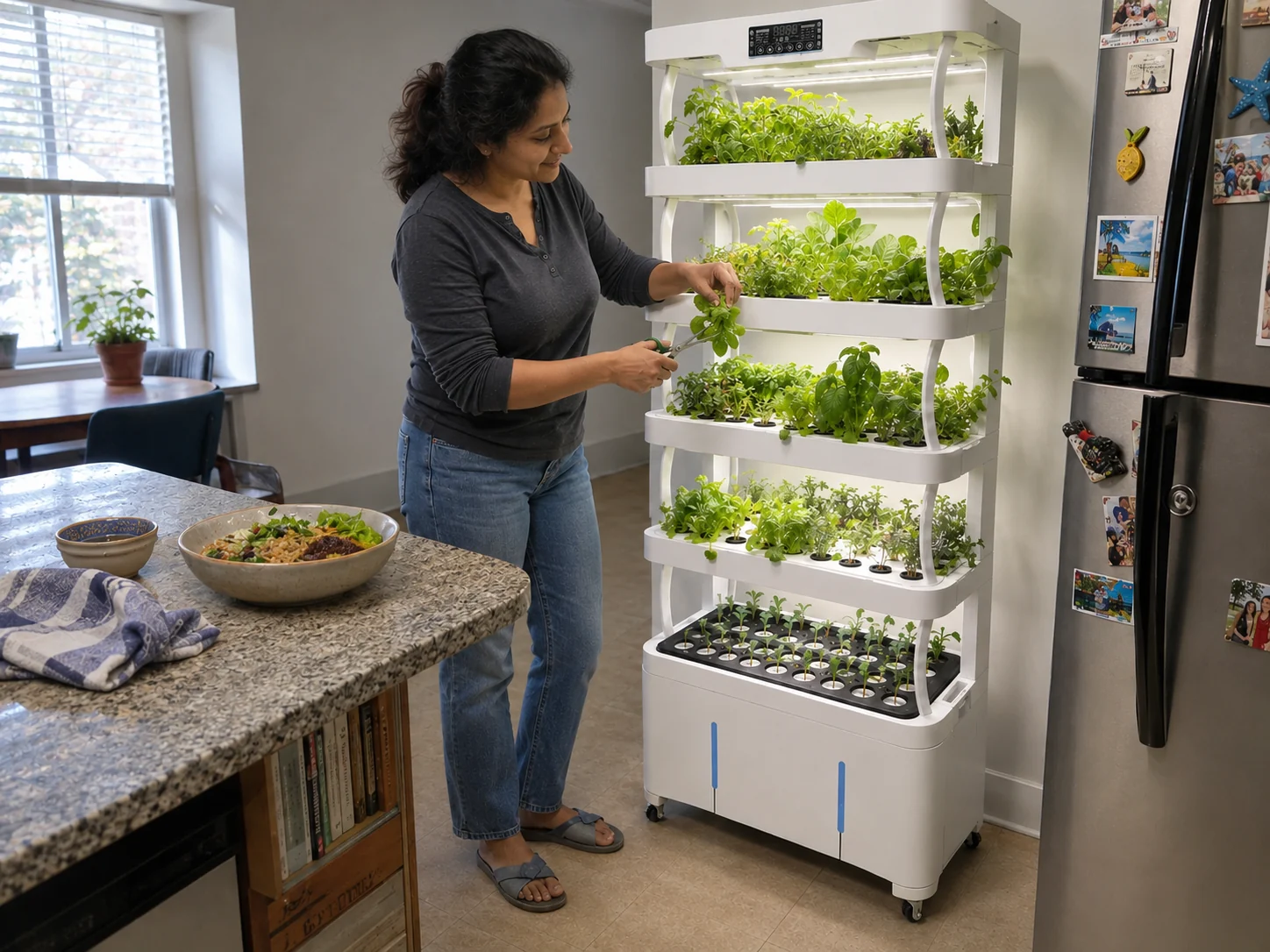 A woman clips leafy greens beside a white NutraTower, with a prepared meal on the kitchen counter.