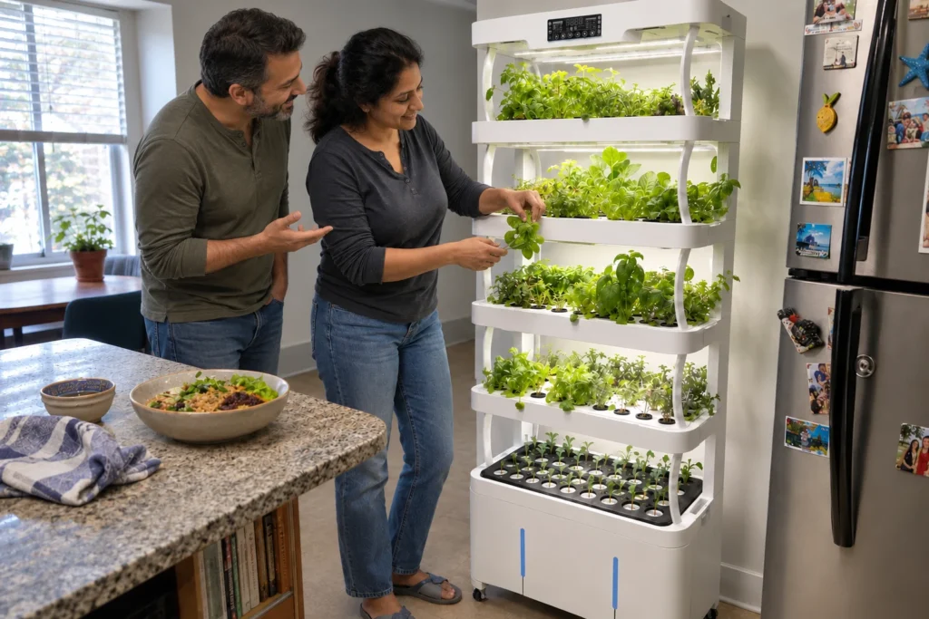 Two adults look at greens on the NutraTower beside a refrigerator covered with family photographs and magnets.
