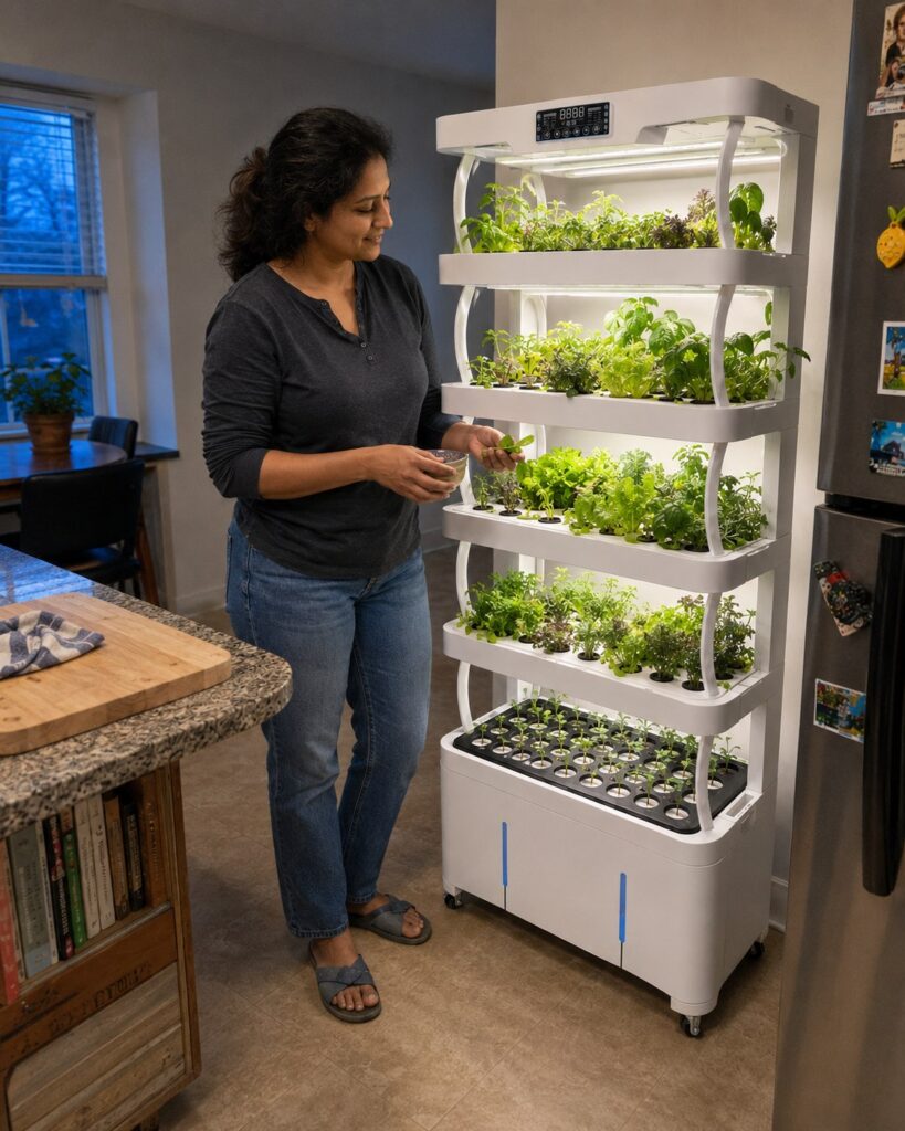 A woman inspects leaves on the lit NutraTower in the evening, with an empty bowl on the kitchen counter.