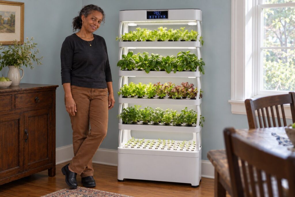 A woman inspects basil on a white Pro Shelf beside a dining-room window, with a wooden sideboard to the left.