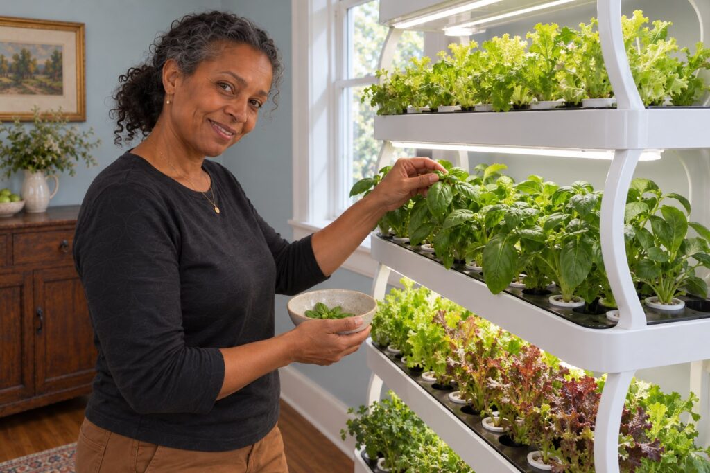 A woman holds a bowl of basil beside the Pro Shelf, with basil and red lettuce visible in the trays.