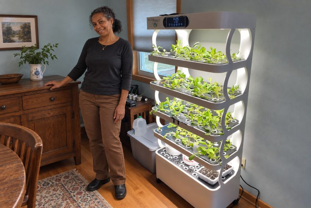 A woman kneels beside the Pro Shelf nursery tray, with four growing levels of herbs and lettuce above it.