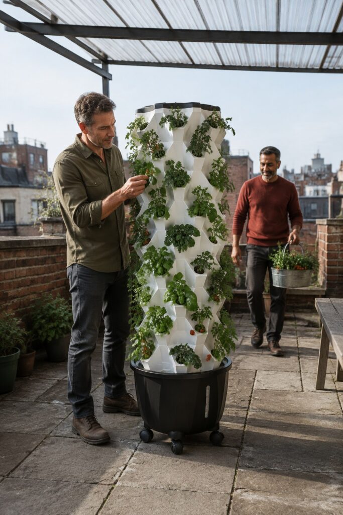One grower checks plants on a white Pro Tower Garden while another carries a metal bucket across the covered rooftop terrace.