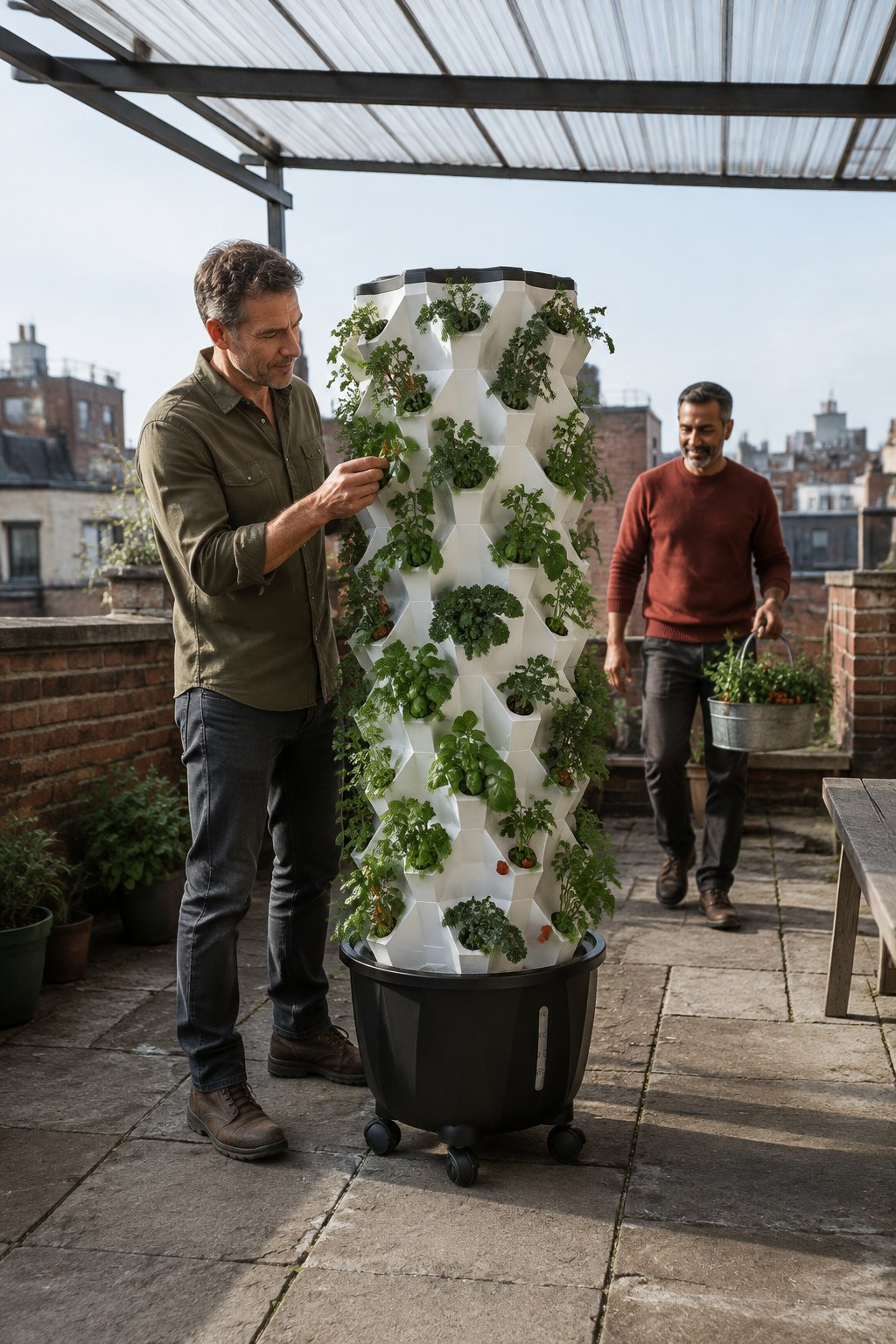 One grower checks plants on a white Pro Tower Garden while another carries a metal bucket across the covered rooftop terrace.