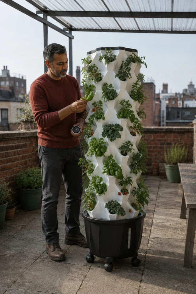 A man in a rust-colored sweater examines basil on the rooftop Pro Tower Garden beneath a translucent canopy.