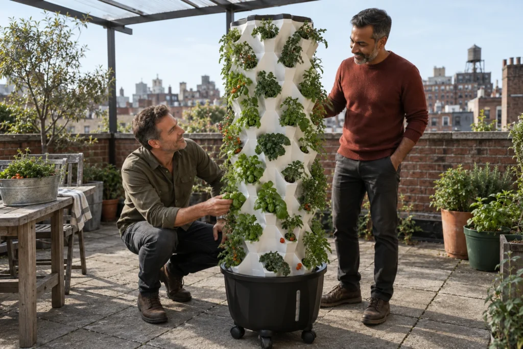 Two men check plants on a white Pro Tower Garden, with one kneeling near its lower planting pockets.