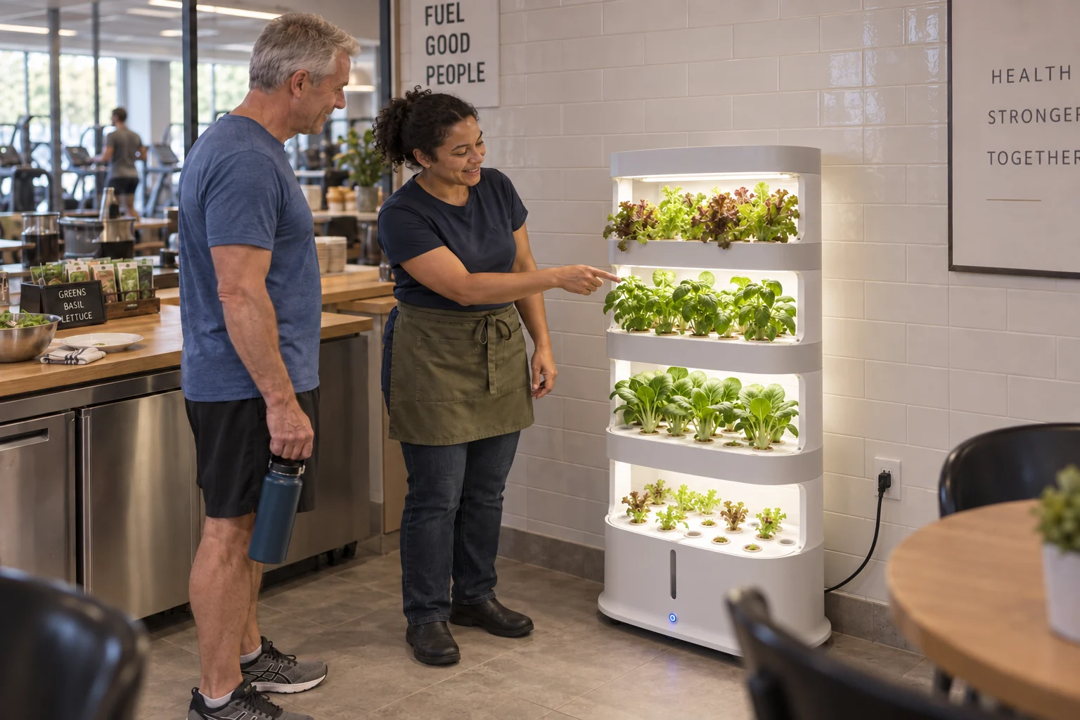 A member holding a water bottle talks with a café staff member beside a white four-tier Tray Tower, with gym equipment behind them.