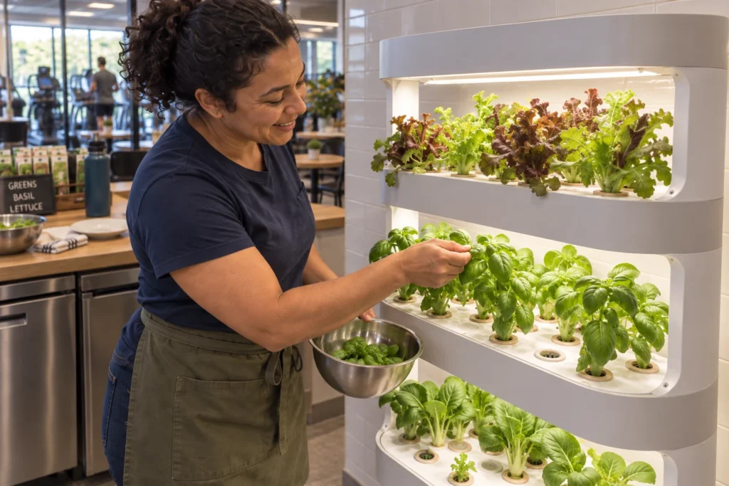 A café staff member picks basil from a lit growing level of the white Tray Tower while holding a small bowl of greens.