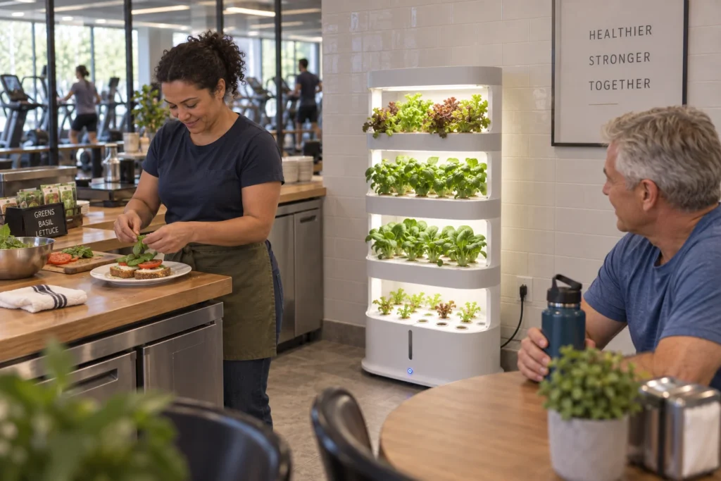 A café staff member adds greens to a plate at the counter while a seated member looks on, with the Tray Tower between them.